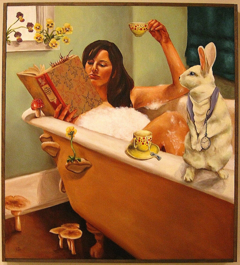 Painting of a woman holding a book and a teacup in bathrub with a white rabbit standing on the edge of the tub.